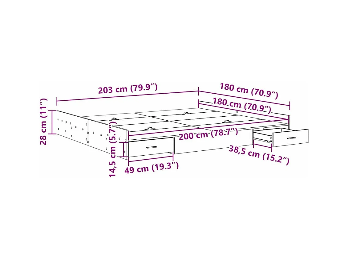 Cadre de lit avec rangement avec tiroir Gris béton 180 x 200 cm