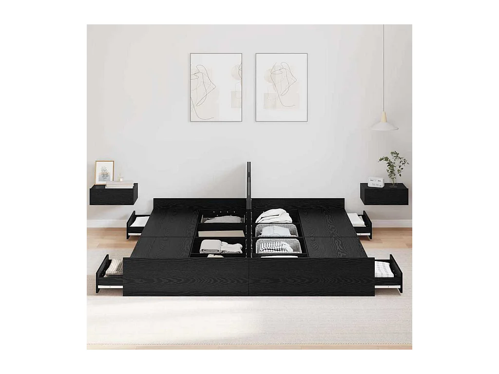 Cadre de lit avec rangement avec tiroir Chêne noir 200 x 200 cm