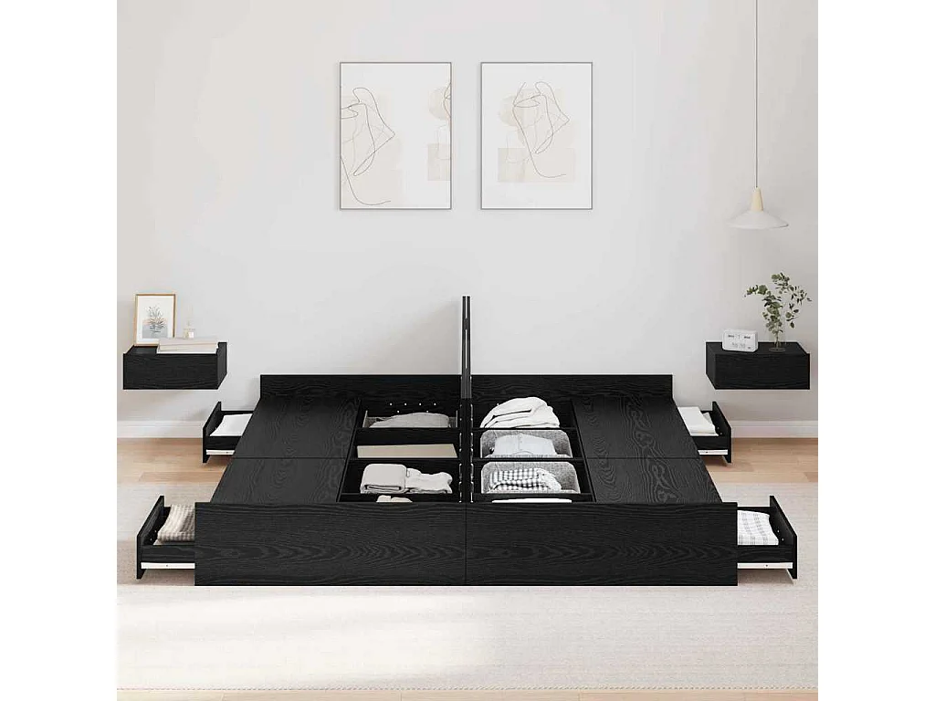 Cama con almacenamiento con cabecera Roble negro 200 x 200 cm
