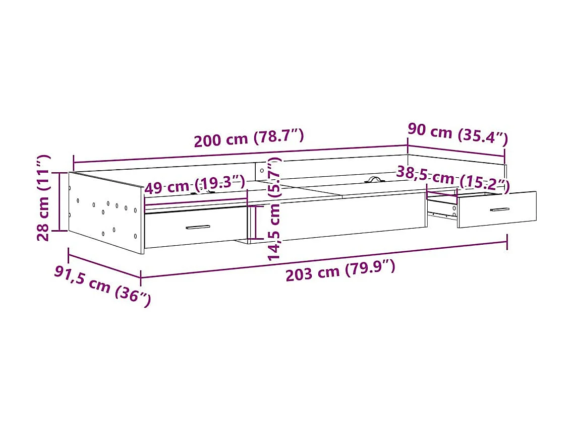 Cadre de lit avec rangement Chêne fumé 90 x 200 cm Bois d'ingénierie