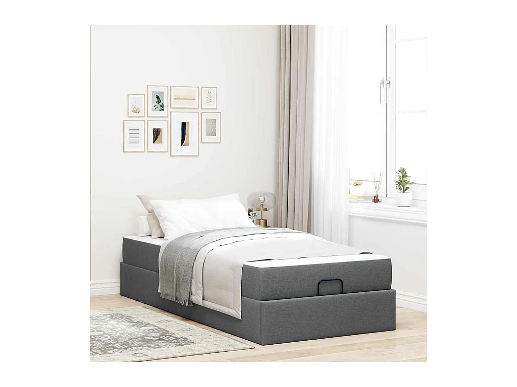 Cadre de lit avec matelas Gris foncé 100 x 200 cm tissu