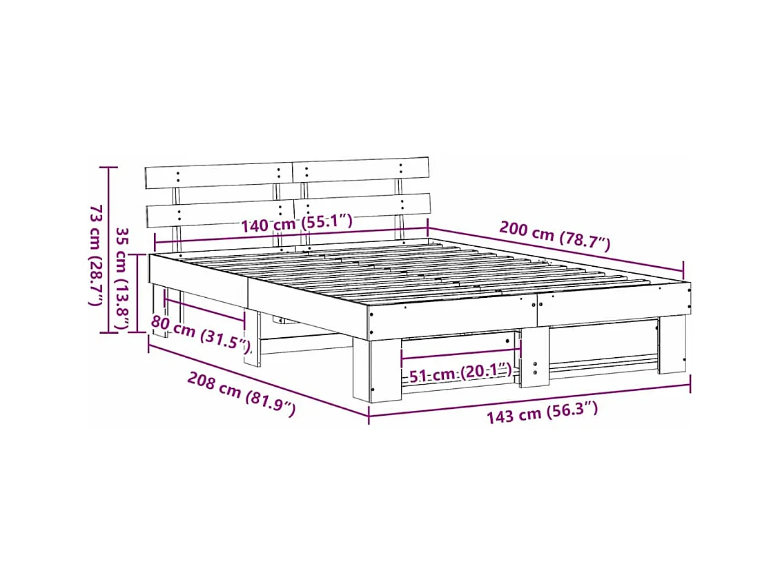 Cadre de lit Blanc 140 x 200 cm Bois massif en pin