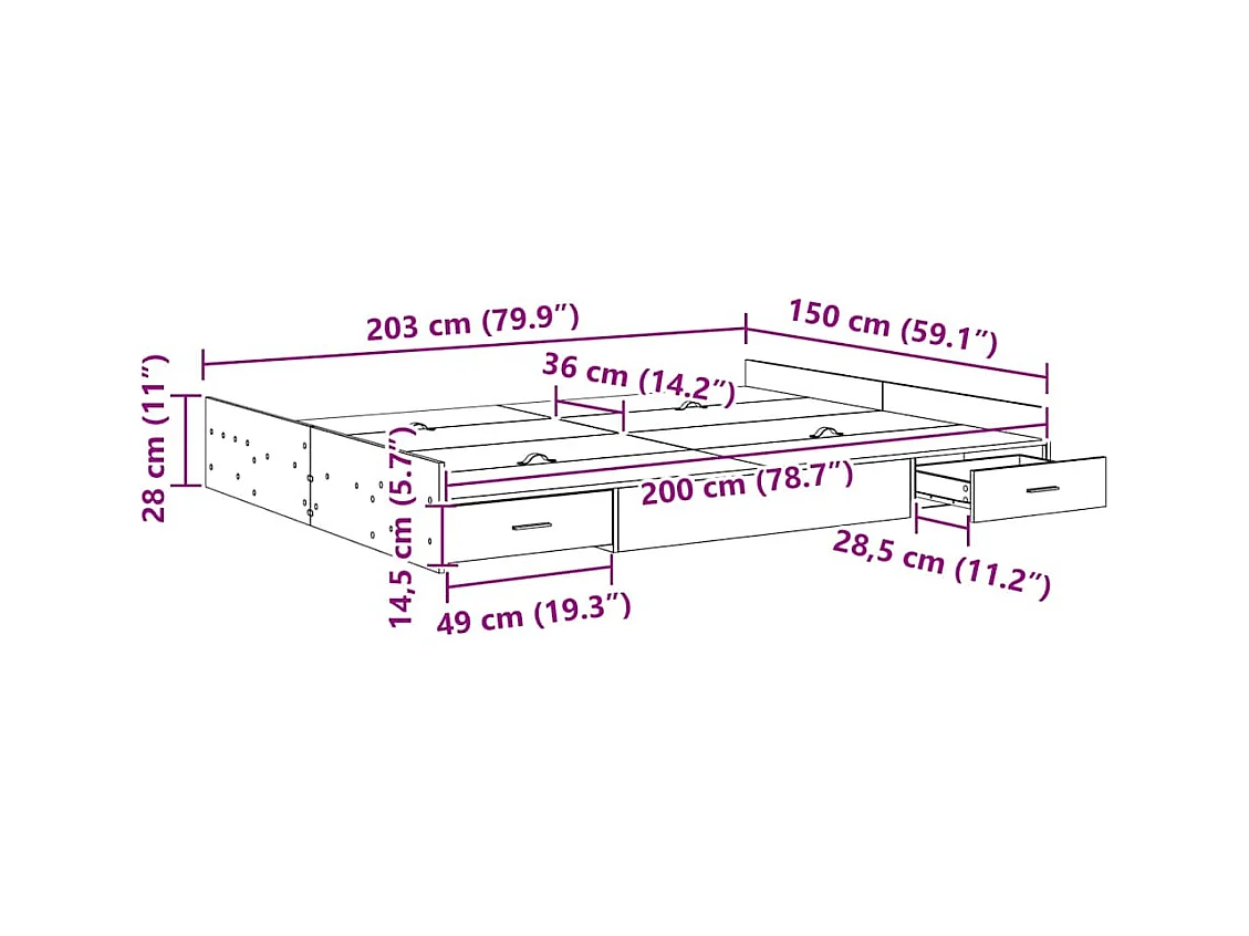 Cadre de lit avec rangement avec tiroir Chêne noir 150 x 200 cm