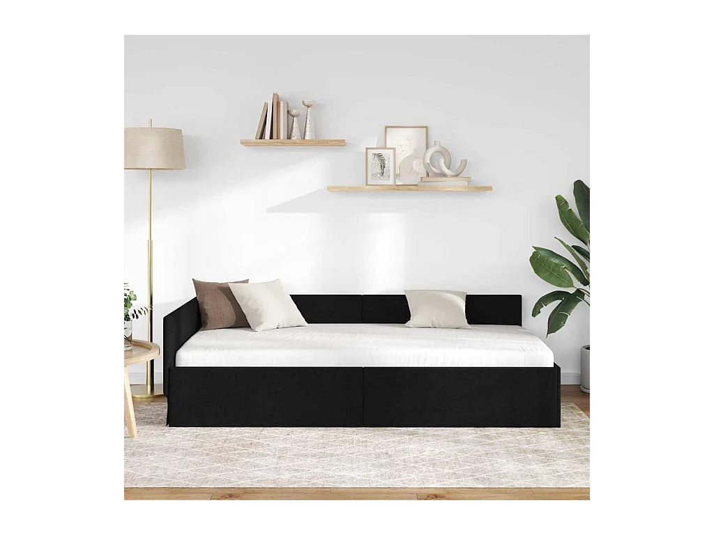 Cadre de lit d'angle Noir 90 x 200 cm Tissu et bois reconstitué