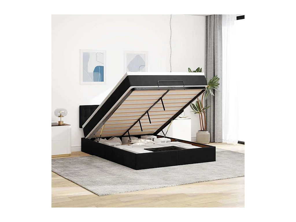 Cadre de lit ottoman avec matelas noir 140x200 cm velours