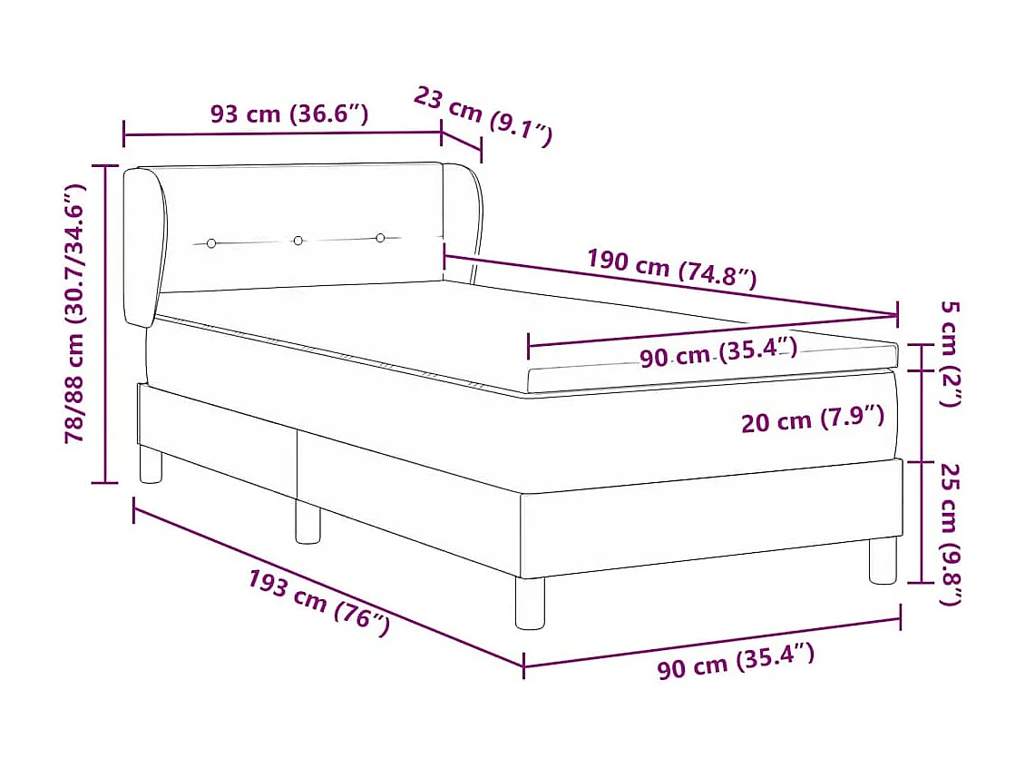 Cama box spring con colchón Marrón oscuro 90 x 190 cm tela