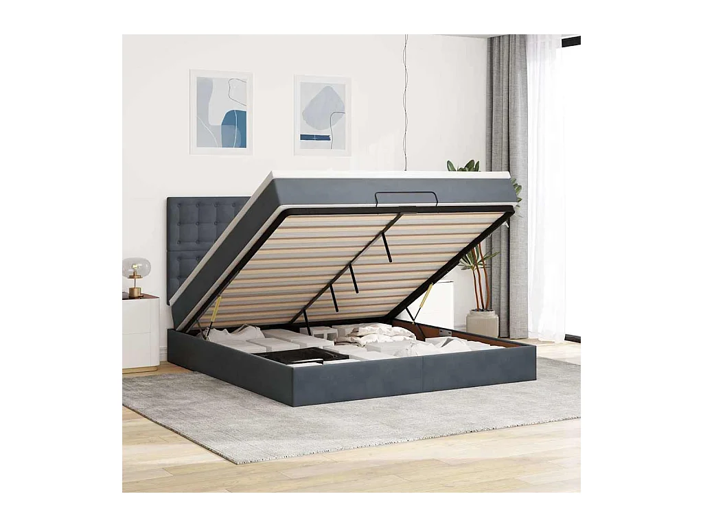 Estructura cama otomana colchones terciopelo gris oscuro