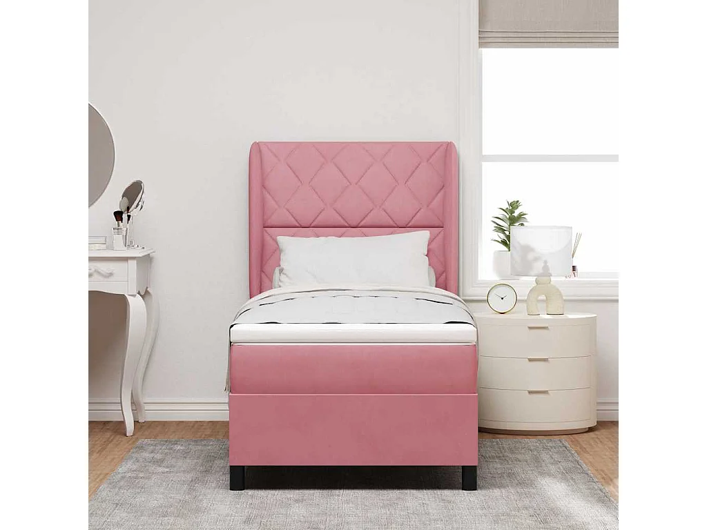 Cama Box com colchão com cabeceira Rosa 100 x 200 cm Veludo