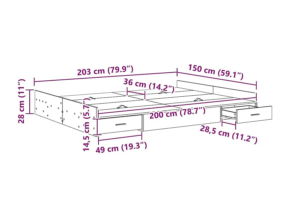 Opbergbedframe met lade Grijs sonoma 150 x 200 cm Bewerkt hout