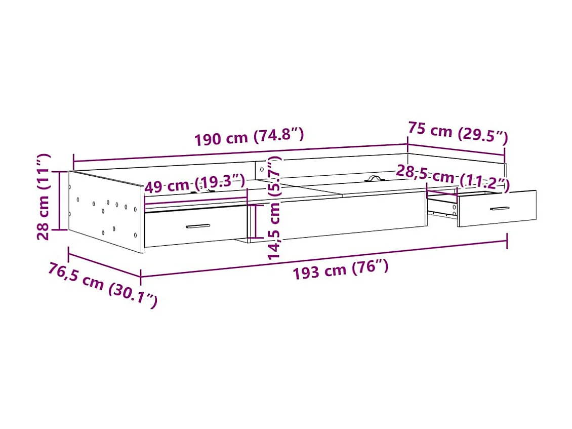 Estrado de cama com arrumação com gaveta Carvalho Preto 75 x 190 cm