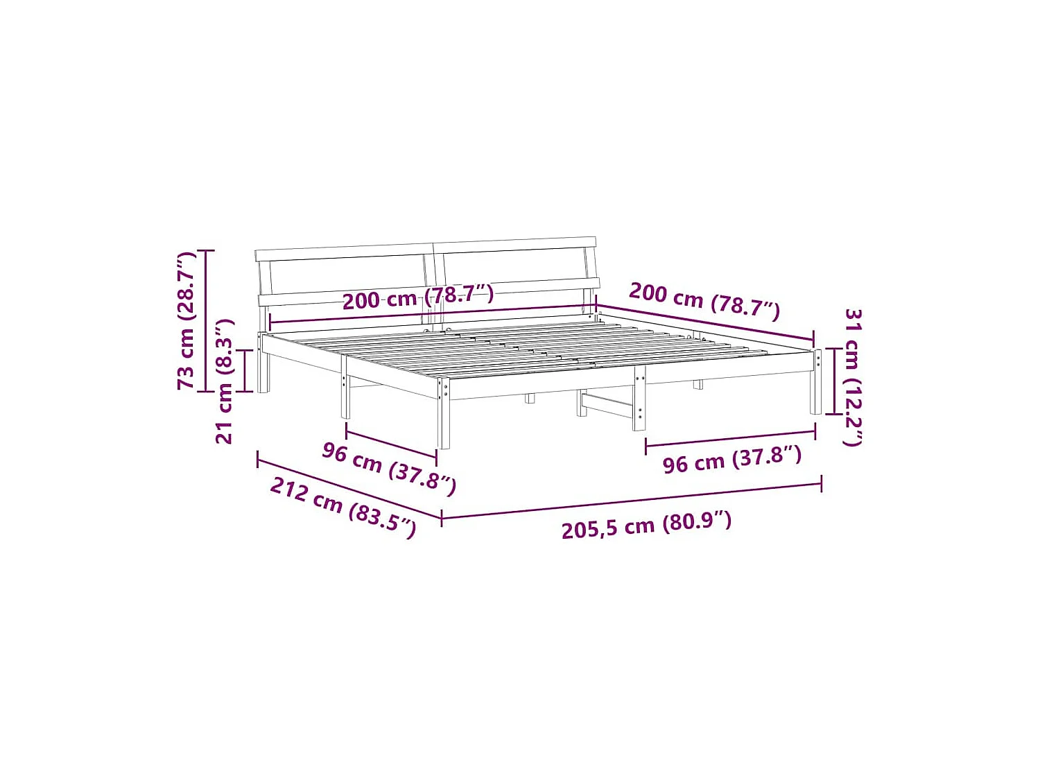 Estrutura da Cama com cabeceira Castanho-mel 200 x 200 cm