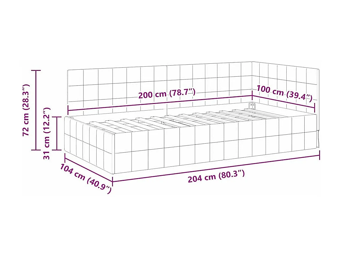Cadre de lit d'angle Gris clair 100 x 200 cm Velours