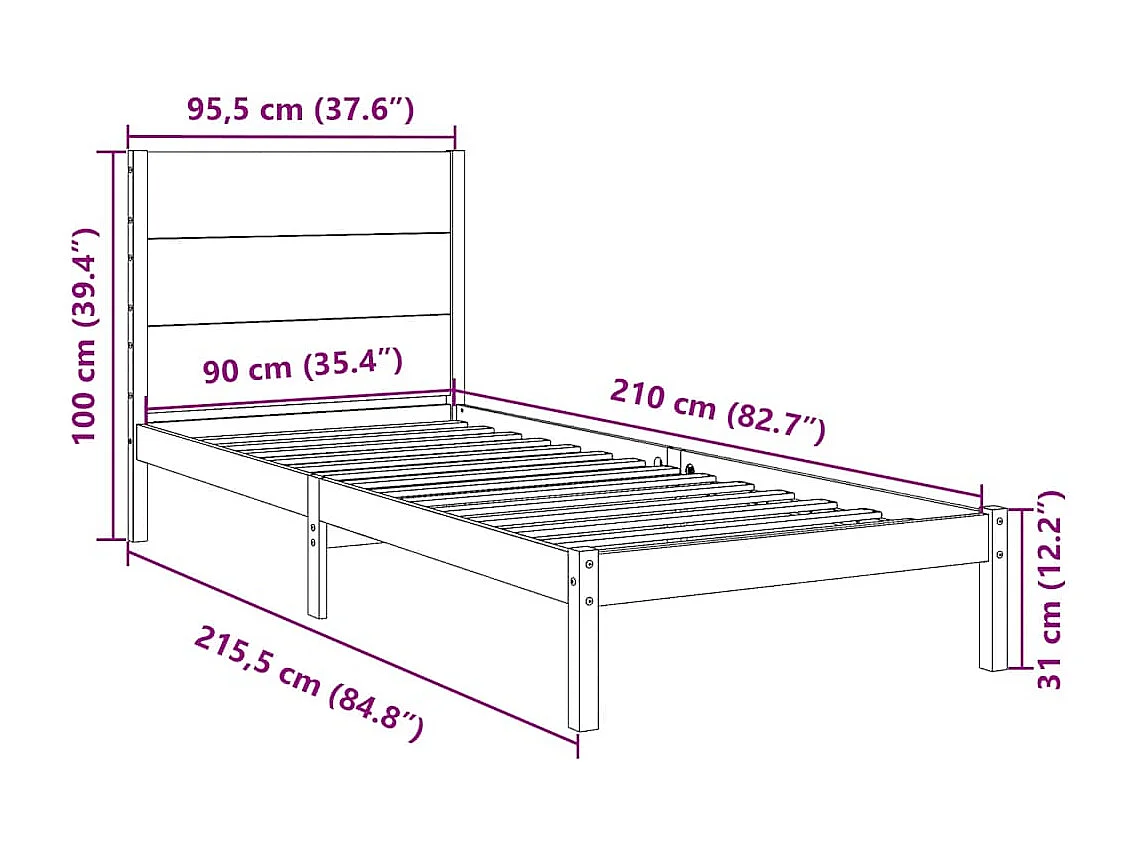 Cama extra longa sem colchão 90x210 cm madeira maciça