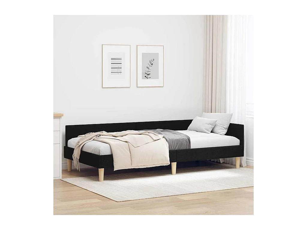 Cadre de lit d'angle Noir 90 x 200 cm Tissu et bois reconstitué