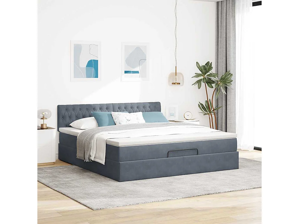 Cadre de lit ottoman avec matelas gris foncé 160x200 cm velours