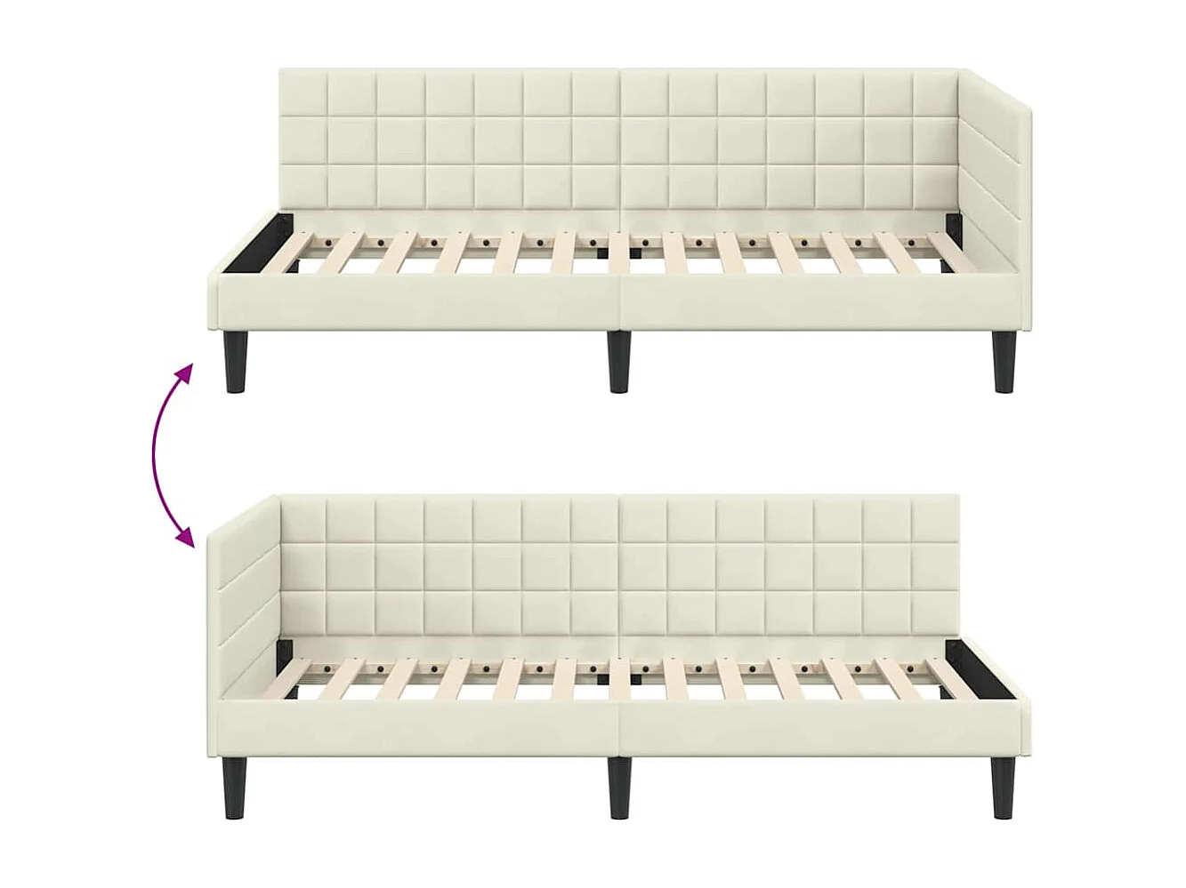 Cadre de lit d'angle avec tête de lit Crème 90 x 190 cm Velours