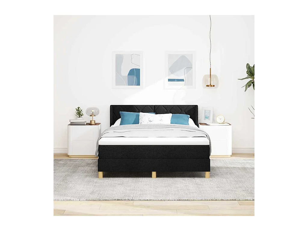 Cadre de lit avec matelas Blanc et Noir 140 x 190 cm tissu