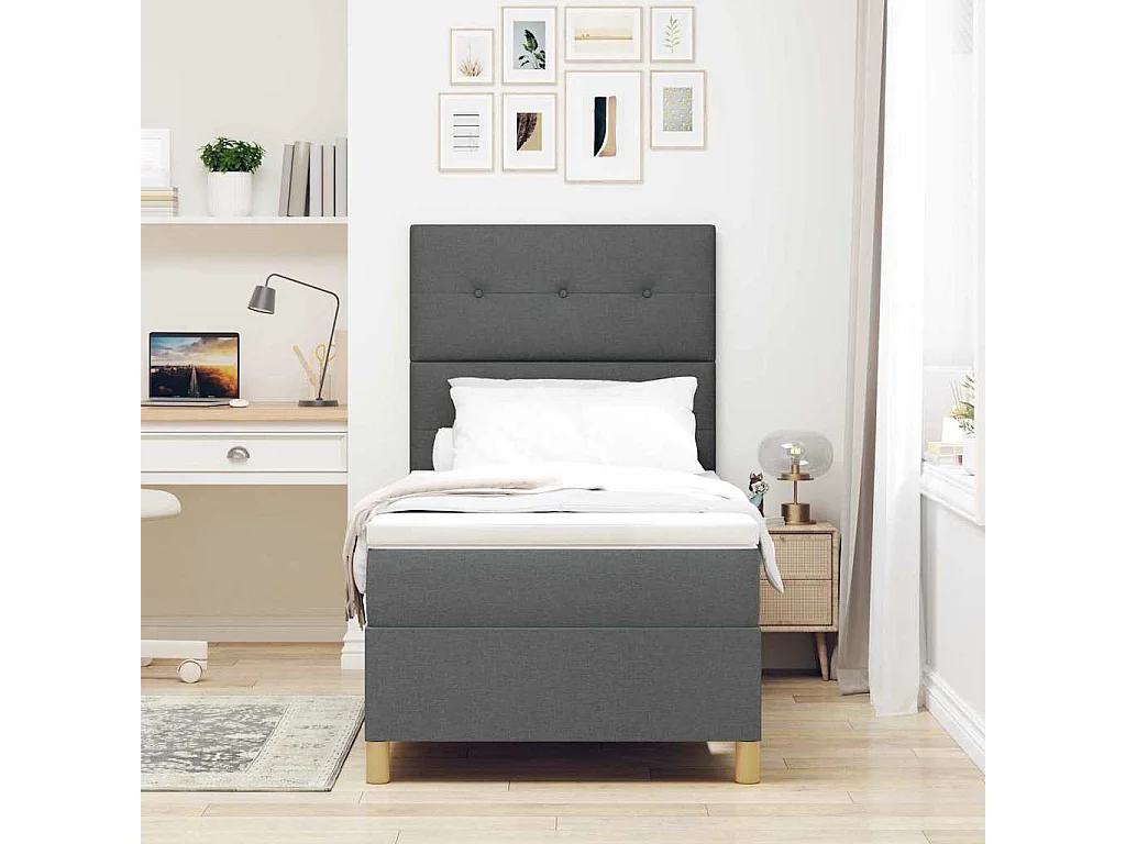 Cama tipo Box Spring con cabecera Gris oscuro 90 x 200 cm tela