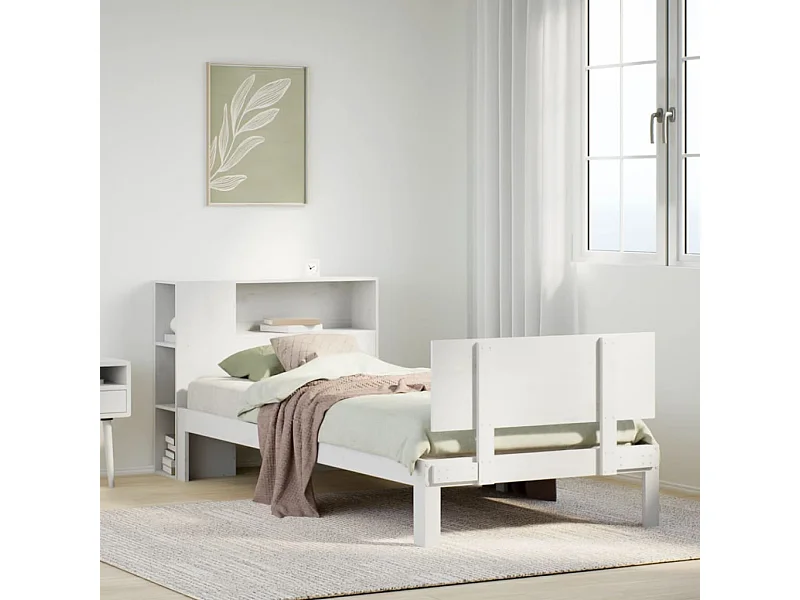 Cama con estantería sin colchón madera maciza blanca 75x190 cm