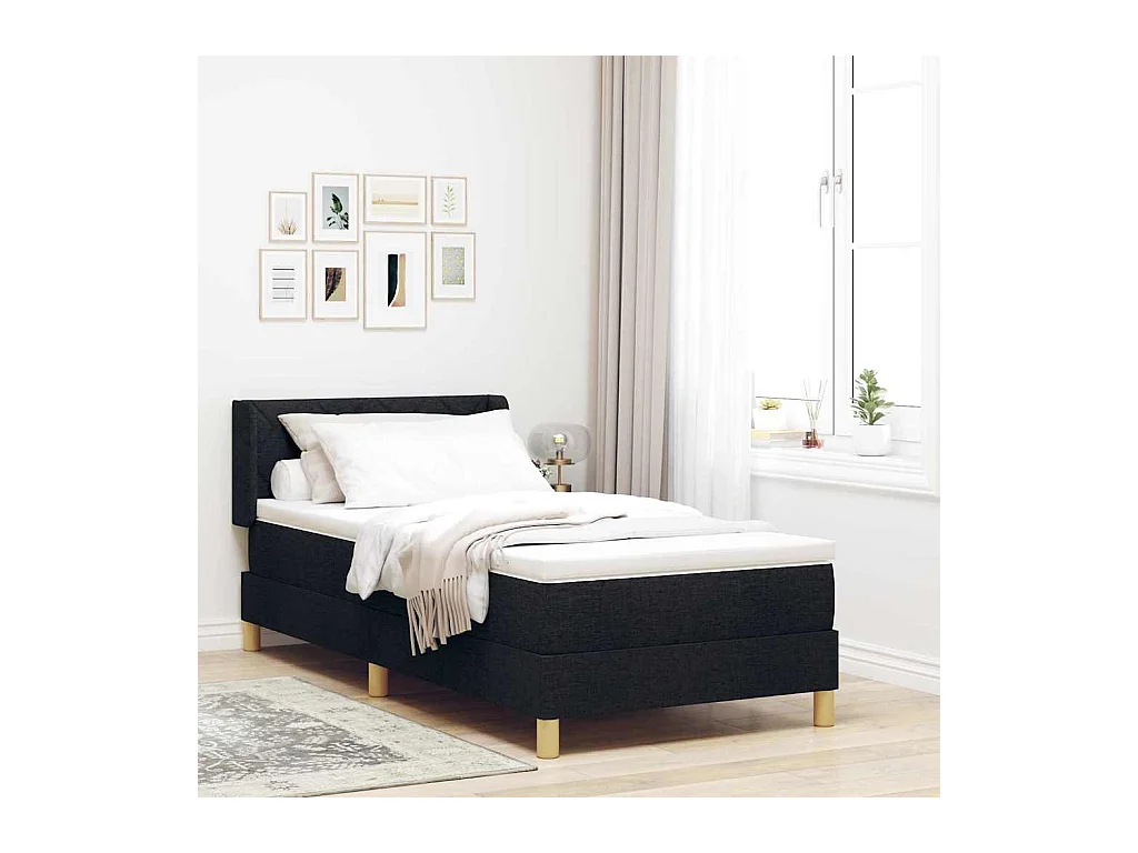 Cama con Somier con colchón con cabecera Negro 90 x 190 cm tela