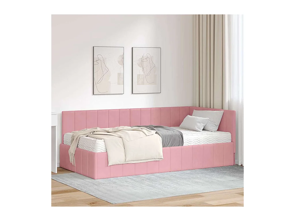 Cadre de lit d'angle avec matelas Rose 90 x 190 cm Velours