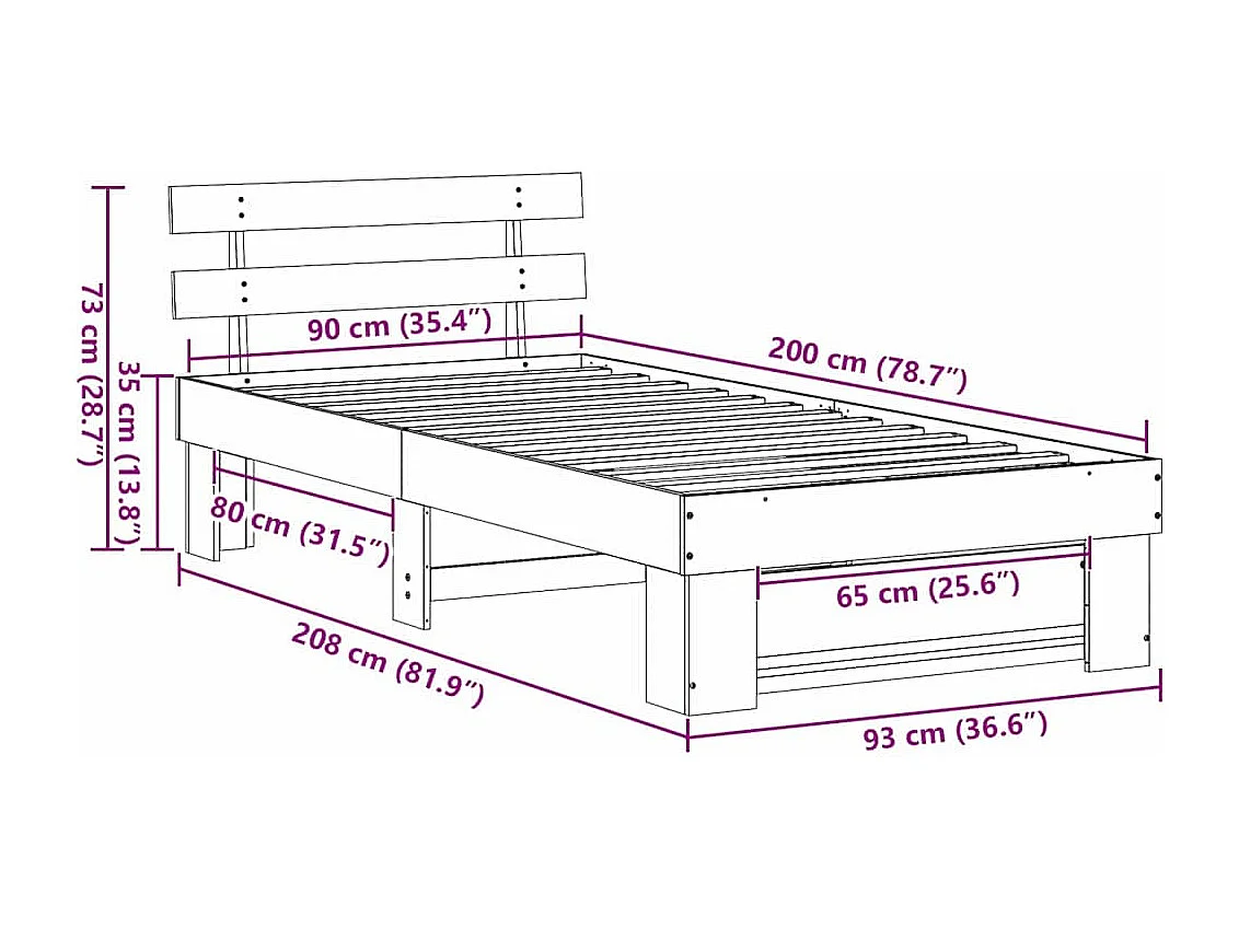 Bedframe met hoofdeinde Wit 90 x 200 cm Massief grenenhout
