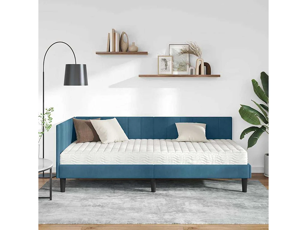 Estrutura de Cama de Canto com colchão Azul 100 x 200 cm Veludo