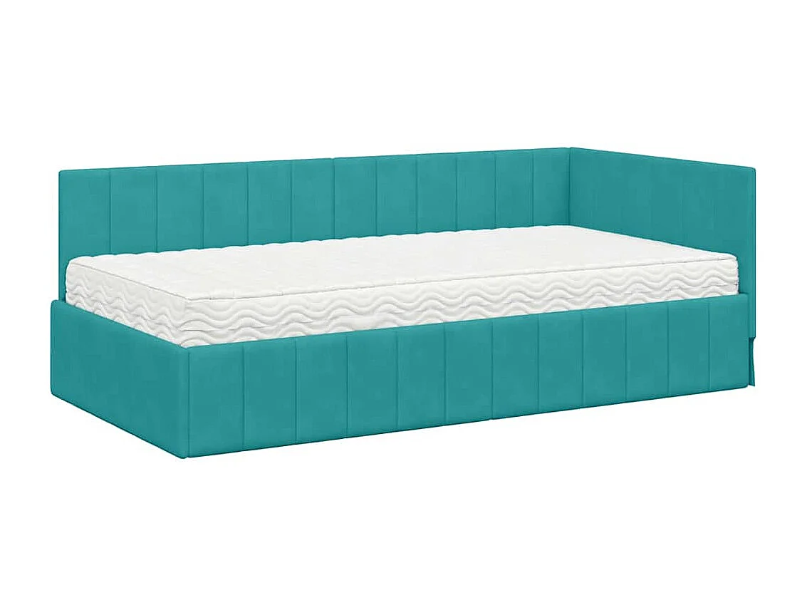 Cadre de lit d'angle avec matelas Turquoise 90 x 190 cm Velours