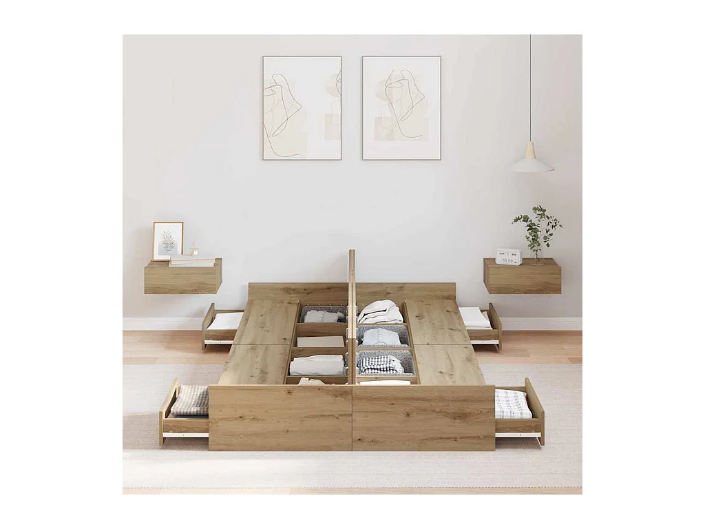 Cadre de lit avec rangement chêne artisanal 120 x 190 cm