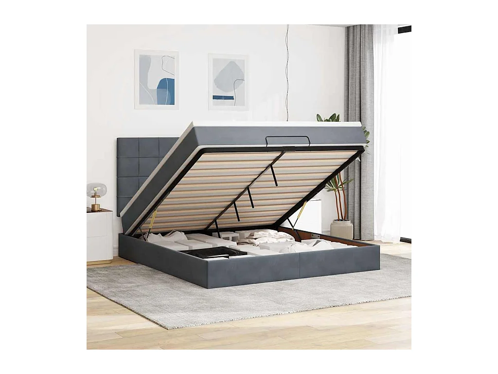 Estructura cama otomana colchones terciopelo gris oscuro