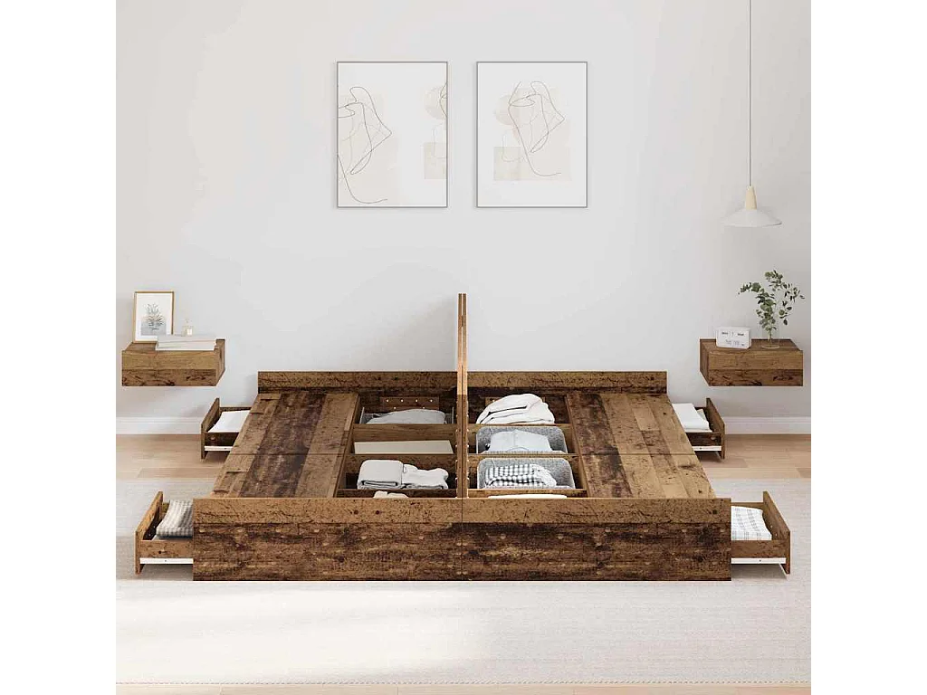 Cama con almacenamiento con cabecera Madera vieja 200 x 200 cm