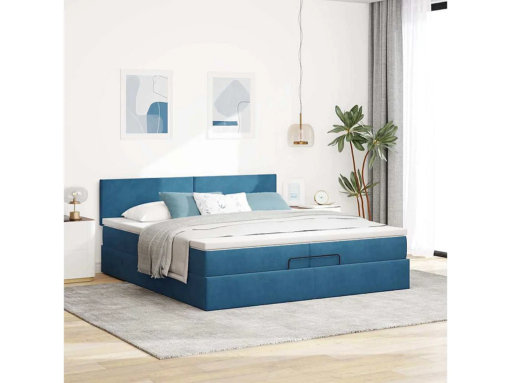 Cadre de lit ottoman avec matelas bleu foncé 200x200 cm velours