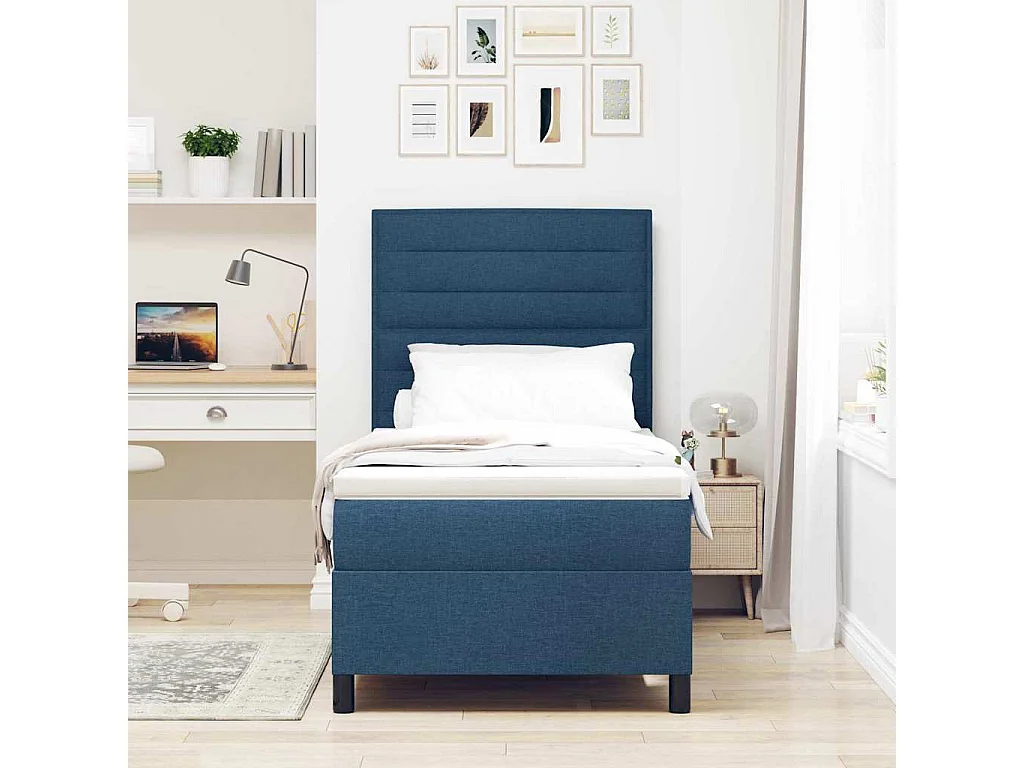 Cama tipo Box Spring con colchón Azul 90 x 190 cm tela