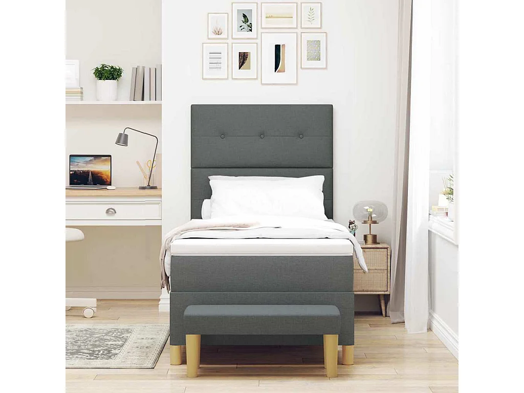 Cadre de lit avec matelas Gris foncé 90 x 190 cm tissu