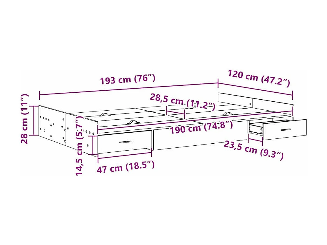 Opbergbedframe met lade Betongrijs 120 x 190 cm Bewerkt hout