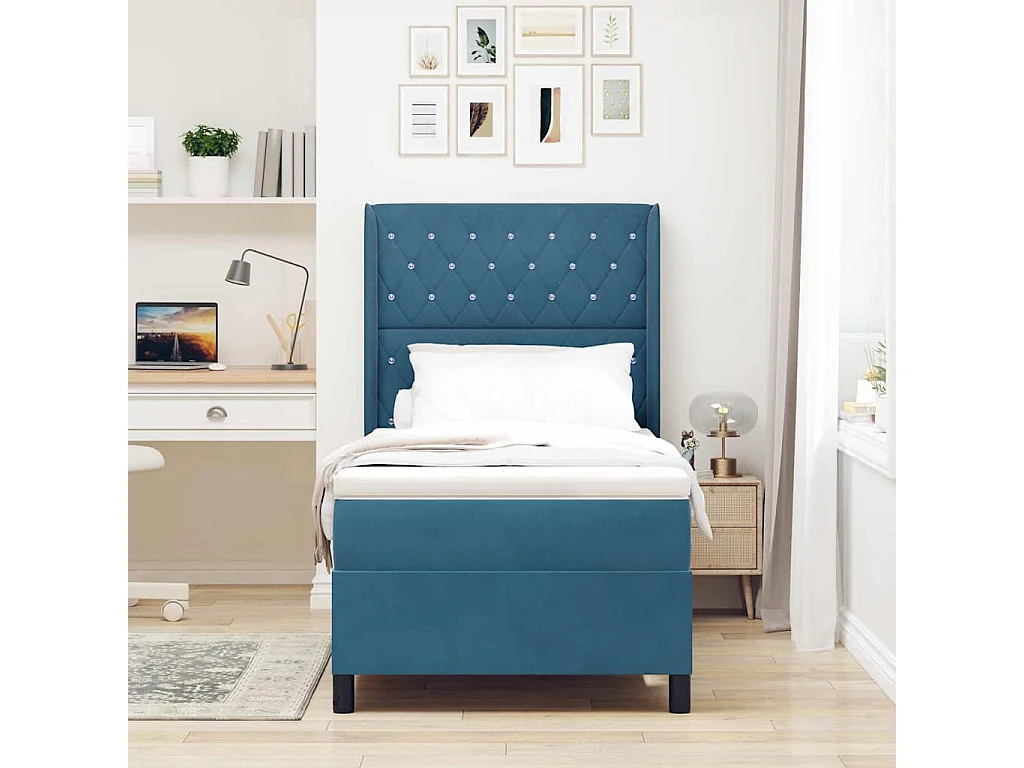 Cama con Box Spring LED y Colchón Azul 90 x 200 cm Terciopelo