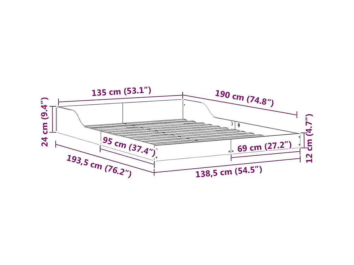 Estructura de cama Marrón 135 x 190 cm Madera maciza de pino