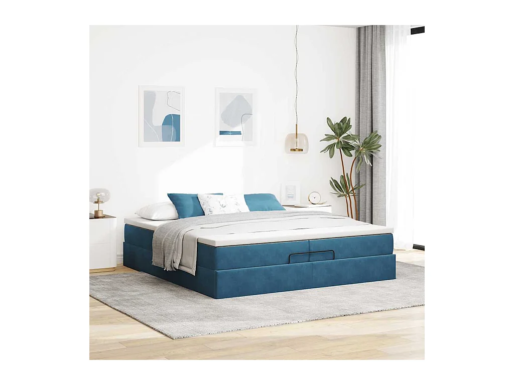 Cadre de lit ottoman avec matelas bleu foncé 200x200 cm velours