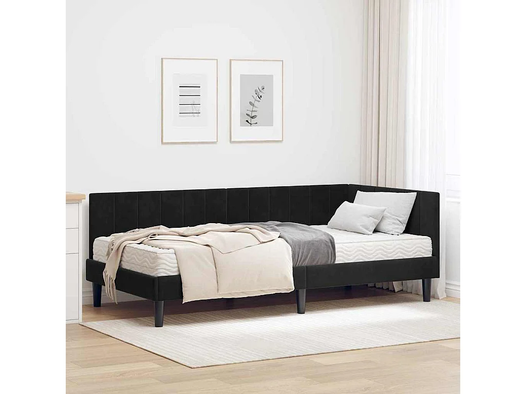 Cadre de lit d'angle avec matelas Noir 90 x 190 cm Velours