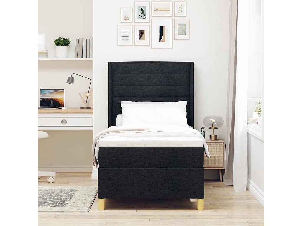 Cama con Somier con colchón con cabecera Negro 80 x 200 cm tela