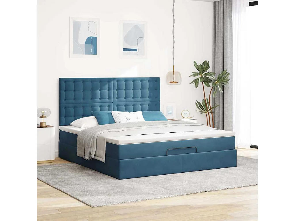 Cadre de lit ottoman avec matelas bleu foncé 160x200 cm velours