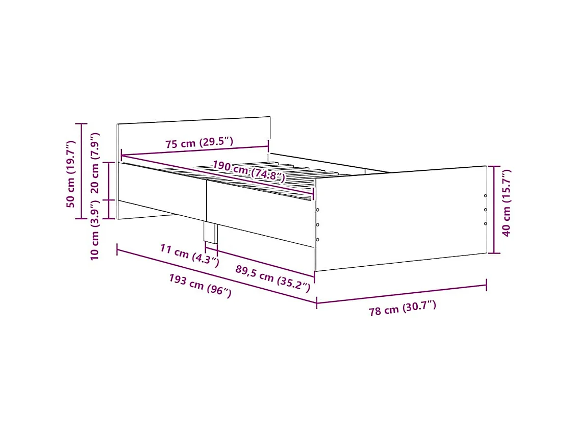 Cadre de lit sans matelas chêne noir 75x190 cm bois ingénierie