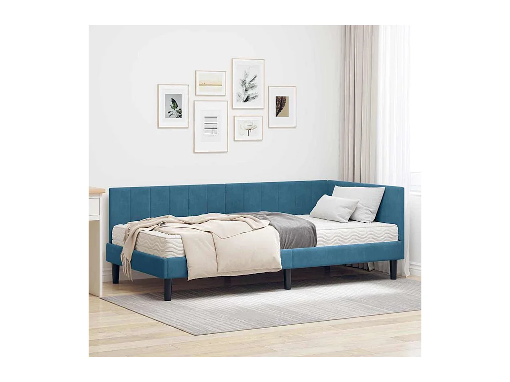Estrutura de Cama de Canto com colchão Azul 90 x 200 cm Veludo