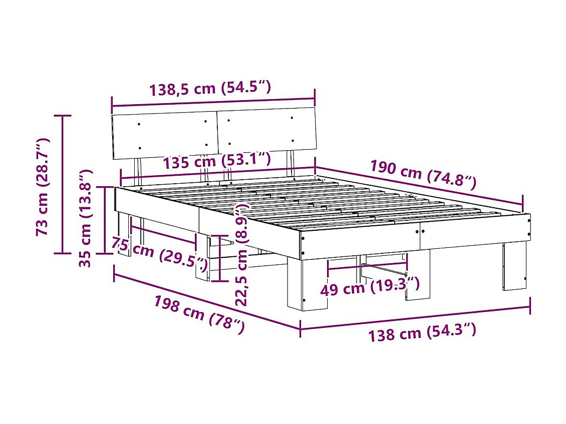 Estructura de cama 135 x 190 cm Madera maciza de pino