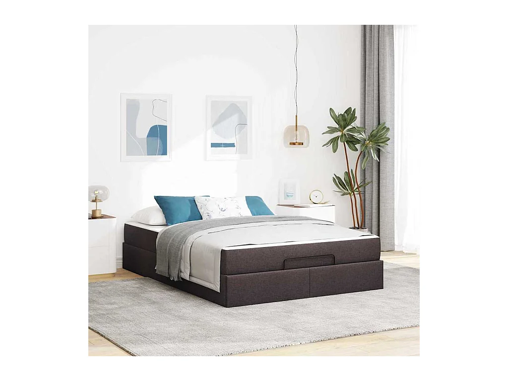 Cadre de lit avec matelas Marron foncé 140 x 200 cm tissu