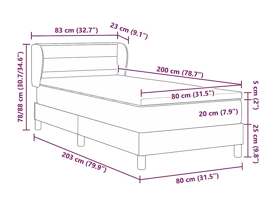 Cadre de lit avec matelas Gris foncé 80 x 200 cm tissu