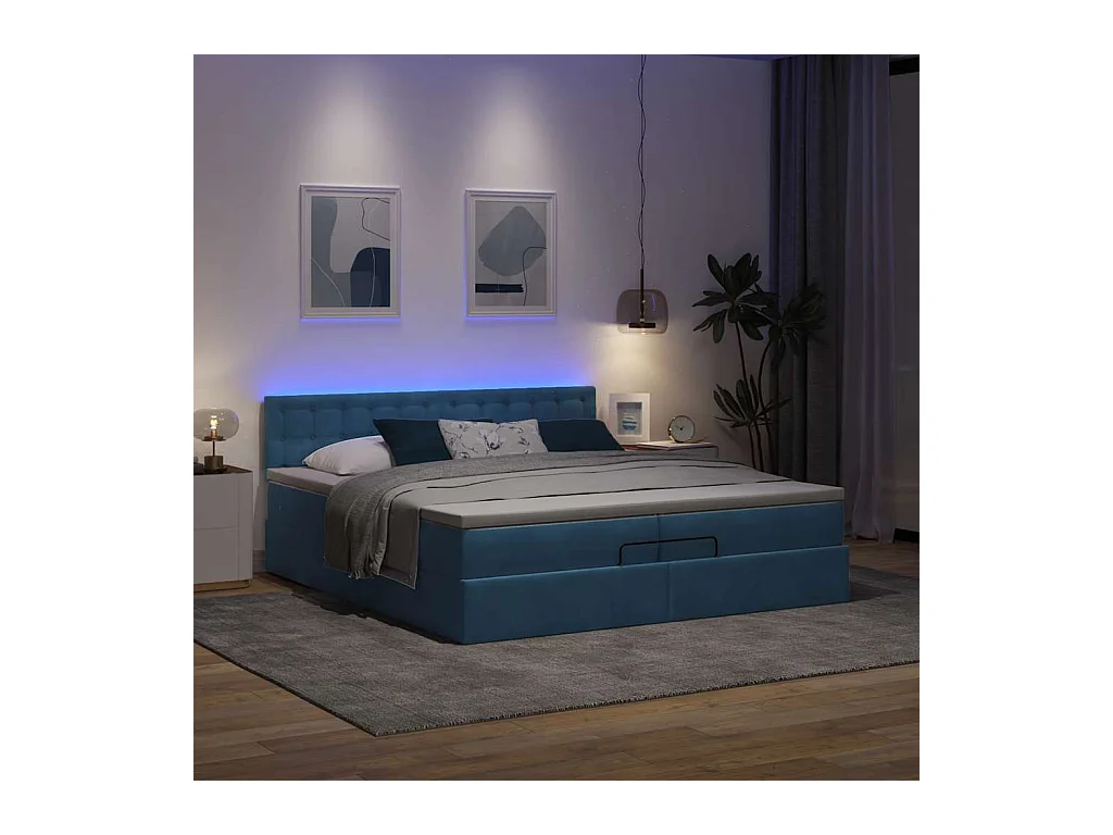 Cadre de lit ottoman avec matelas bleu foncé 200x200 cm velours