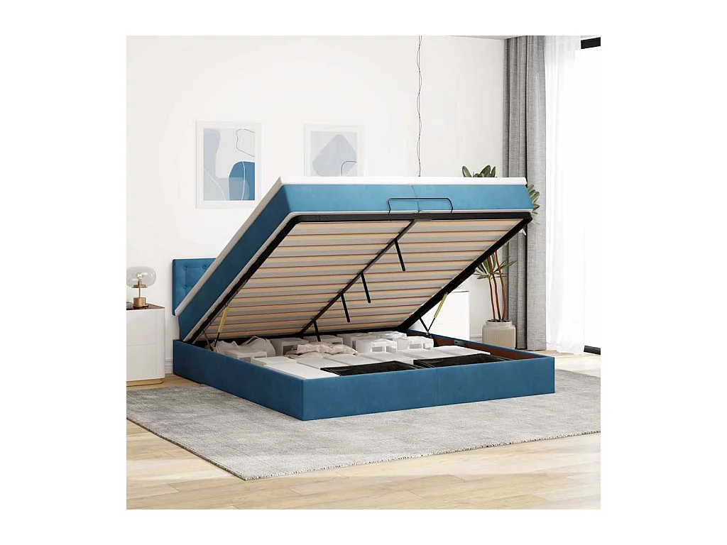 Cadre de lit ottoman avec matelas bleu foncé 200x200 cm velours