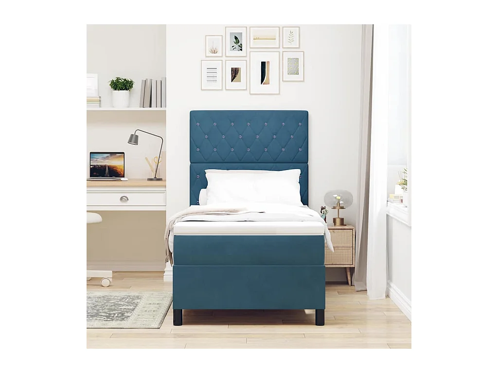Cadre de lit avec matelas Bleu foncé 100 x 200 cm Velours