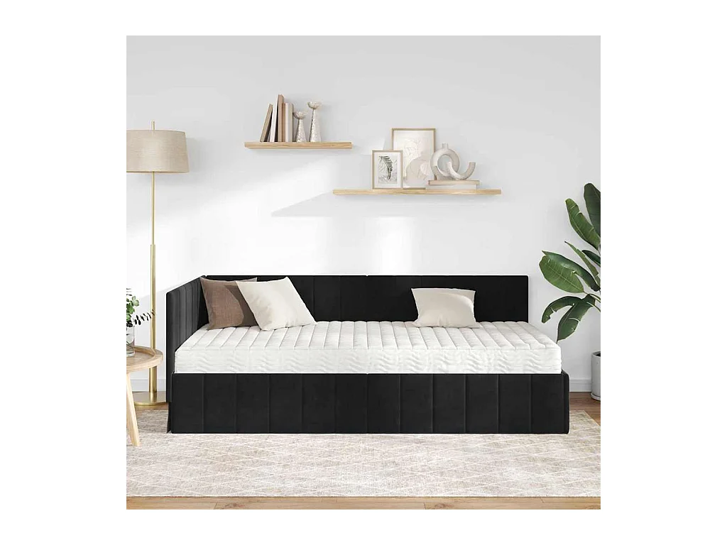 Cadre de lit d'angle avec matelas Noir 90 x 190 cm Velours